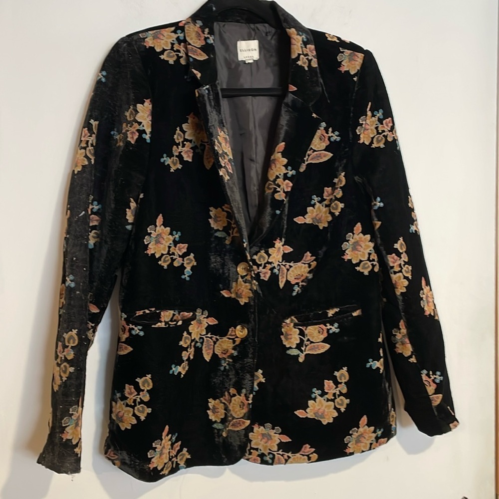 Ellison for Anthropologie black velvet floral print blazer size large